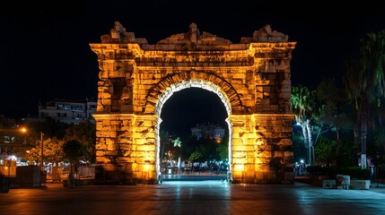 Obraz premium Illuminated Hadrian’s Gate at night in Antalya