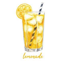 iced lemonade juice in watercolor illustration style, isolated vector on white background