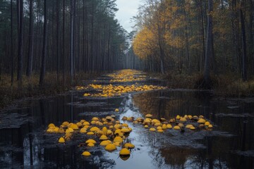 Autumnal forest waterway with yellow objects.  Reflecting trees and overcast sky