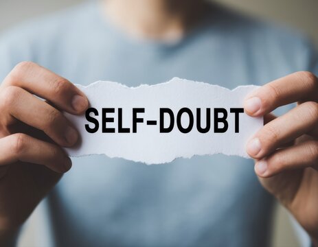 Overcoming self doubt concept showing hands holding torn paper with the words self doubt written on it mental health