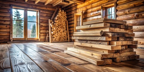 Fototapeta premium rustic wooden planks stacked on the floor in a cozy cabin, rustic, cabin, rustic, cabin, natural materials, planks