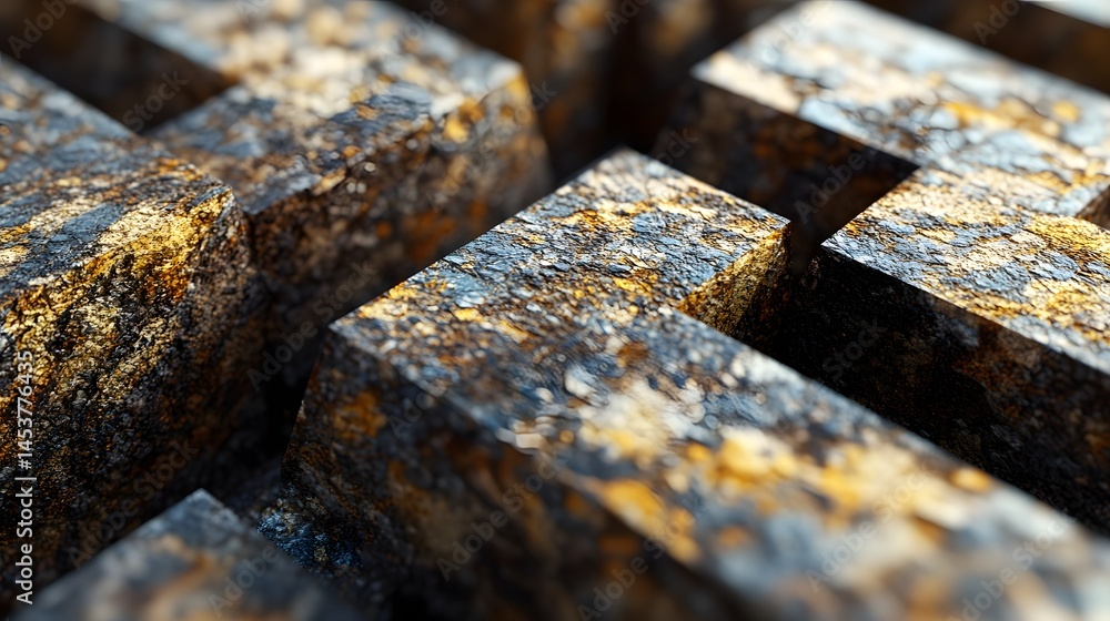 Poster close-up view of interlocking metallic blocks.