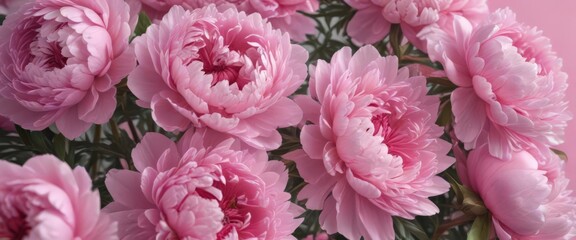 Obraz premium Dense cluster of pink peonies, soft pink backdrop, peony, fresh, macro