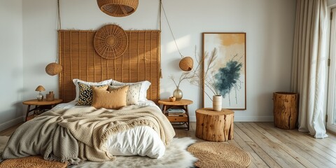 Coastal Boho Bedroom with Rattan Bedhead and Abstract Art
