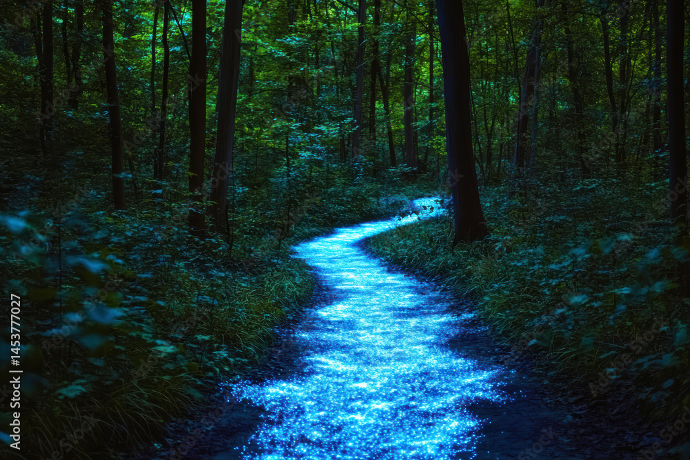 Poster magic forest path illuminated by glowing trees in the heart of nature at twilight
