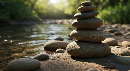 Serenity by the Stream: A Balanced Rock Stack by a Tranquil River in Nature