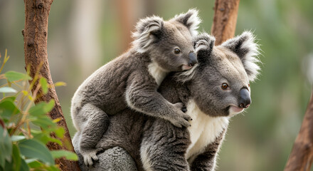 Fototapeta premium Mother Koala Bear with Baby Clinging to Her Back on a Tree Branch Featuring Soft Fur Texture in Natural Daylight Wildlife Photography