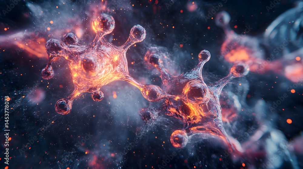 Poster dynamic microscopic structures with glowing elements.