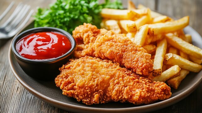 Crispy fried chicken broast with french fries