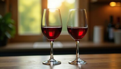 Two wine glasses, one full, one empty, on a wooden table , wine, pinot grigio