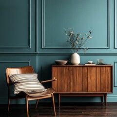 Teal walls, wooden chair and cabinet, minimalist decor