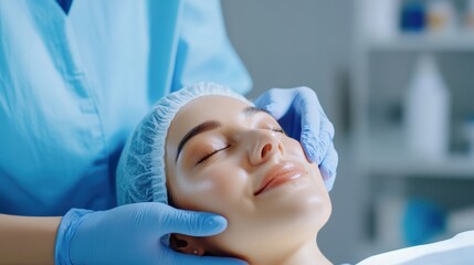 Naklejka premium Plastic surgeon touching and examining facial skin of a Asian female,Woman face being checked doctor hands to cosmetic surgery,rhinoplasty surgery in clinic, generative ai,3d render.