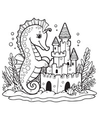 Coloring book seahorse near a sandcastle with seaweed. A cute underwater scene.