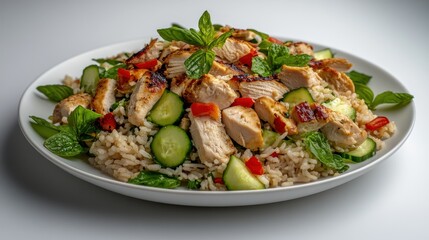 Grilled Chicken Salad with Rice, Fresh Vegetables, and Mint Garnish, Perfect for Healthy Meals and Gourmet Presentations