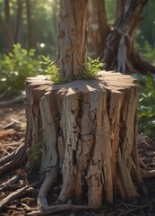 Fototapeta premium Delicate new life pushing through weathered stump, sunlight dappled , flora, growth
