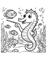 Coloring book seahorse holding a pointer, surrounded by fish and seaweed. 