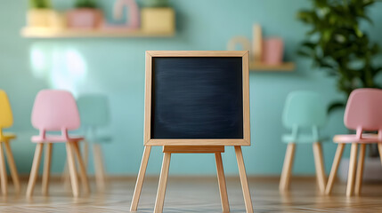 A blank chalkboard stands on a wooden easel in a bright classroom with pastel-colored chairs, symbolizing a space for learning and creativity.