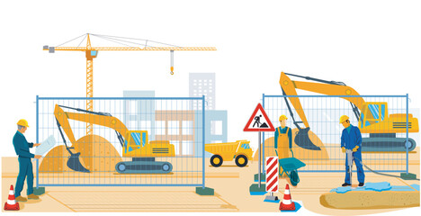 Baustelle mit Bauarbeitern und Baumaschinen, Illustration..eps