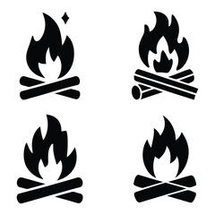 Set of Black Vector Campfire Icons – Minimalist Fire and Log Silhouettes