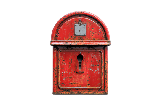 Heavily aged red mailbox covered in rust and chipped paint, symbolizing time, history, and nostalgia, isolated on a transparent background