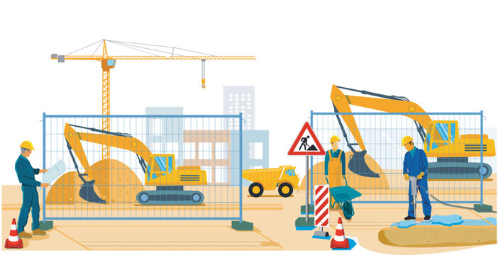 Baustelle mit Bauarbeitern und Baumaschinen, Illustration..eps