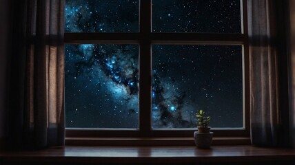 Amazing view of outer space from the window of the house, the room is rather dark, and the bright light emitted from the stars
