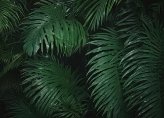 Deep green hues, prominent midrib, textured palm leaf surface , bright, midrib