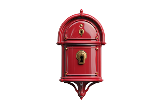 Polished red mailbox with elegant gold keyhole and trim, blending classical charm with modern shine, isolated on a transparent background