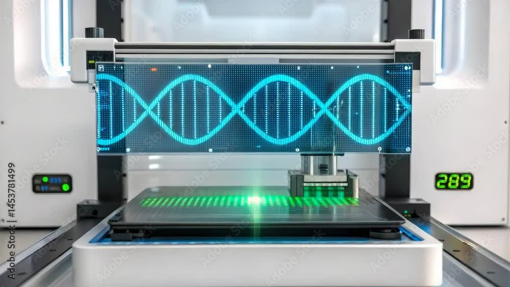 Poster advanced 3d printer showcasing dna design with futuristic elements.