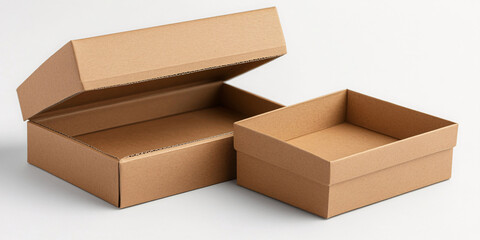Two empty cardboard boxes, one open and one closed, sitting on a white background.