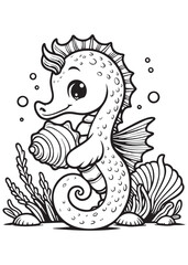 Coloring book seahorse holding a seashell amongst coral and bubbles