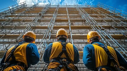 Construction workers on scaffolding, looking up at a tall building