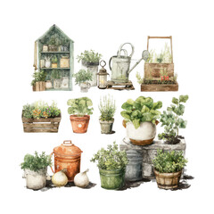 Aesthetic Garden Elements with Herb Planters, Vintage Watering Can, Rustic Pots, and Fresh Greenery for Garden Design and Home Decor Inspiration