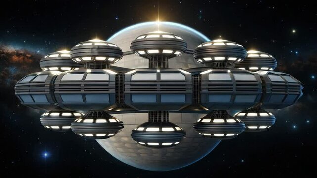 A futuristic space colony utilizing compact fusion reactors for energy generation.