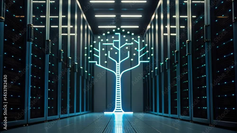 Poster a futuristic data center features illuminated server racks with a digital tree design, symbolizing c