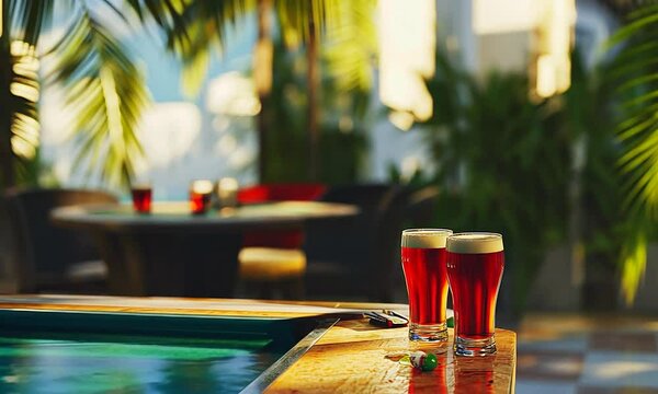 Refreshing drinks by the poolside in a tropical setting with vibrant greenery and sunlight