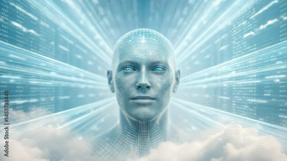 Aufkleber a futuristic humanoid figure emerges from a digital landscape, surrounded by data streams and clouds
