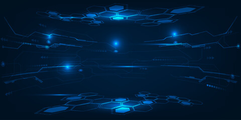 Vector illustrations of futuristic digital technology stage layout for showcase with neon blue futuristic pedestal or stage.Future tech design concepts.	