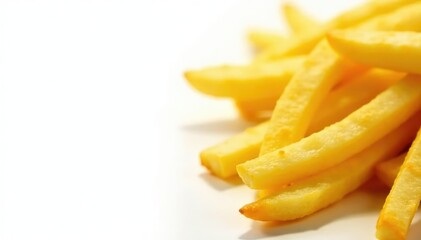 Close-up shot of french fries on white background, side dish, greasy food