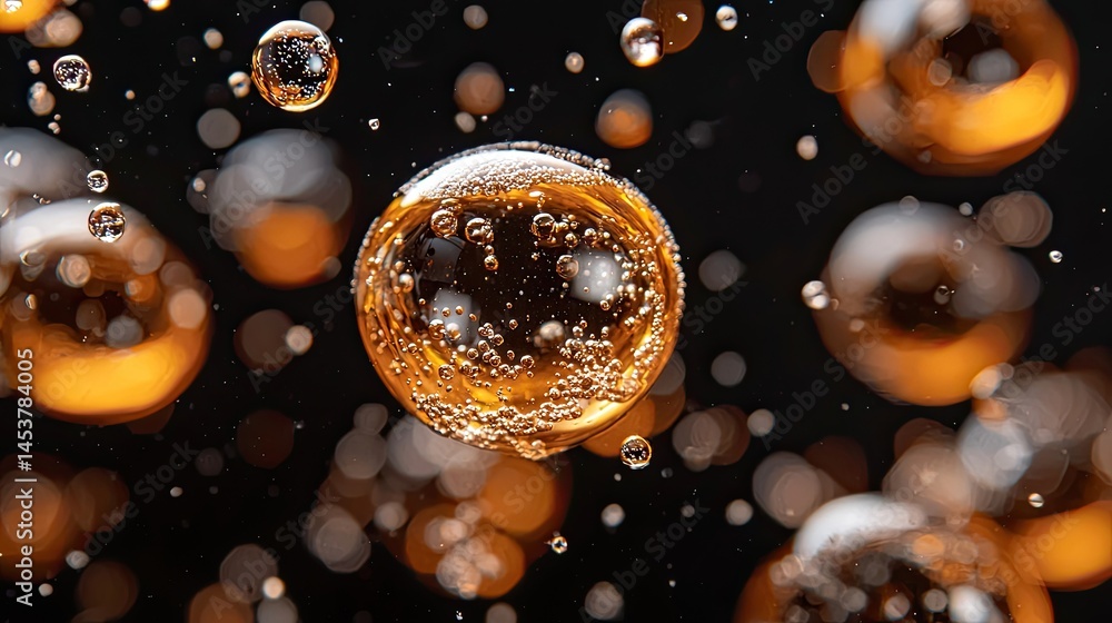 Poster glimmering bubbles floating in dark liquid with bokeh effect