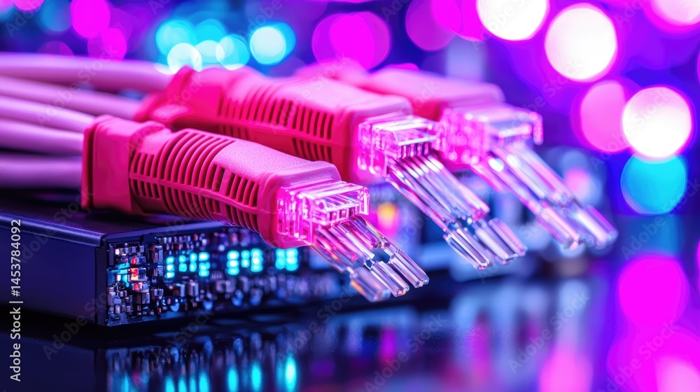 Poster vibrant network cables illuminated with colorful bokeh background
