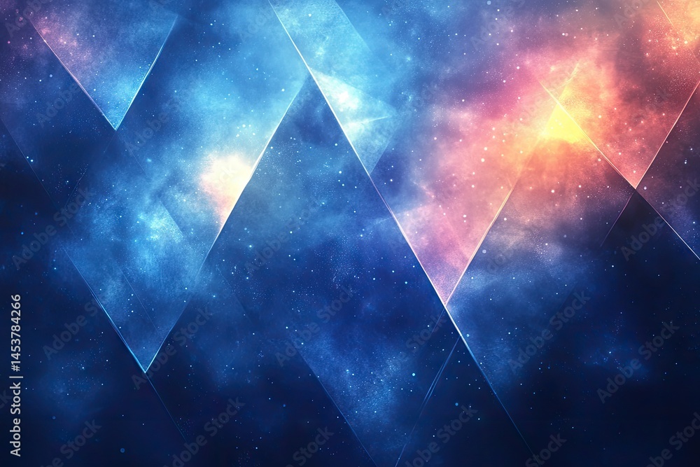 Poster abstract geometric design with vibrant colors and glowing triangles.