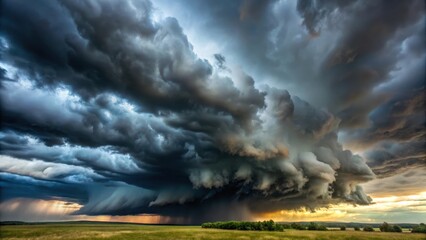 Dark grey clouds gather in the sky with an ominous thunderstorm approaching, approaching storm cloud, heavy rain