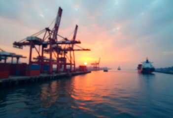 Obraz premium Generative AI port at sunset with cranes blurred vision of shipping activity