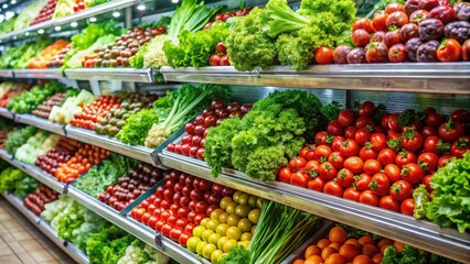 A refrigerated section of a supermarket filled with fresh produce such as crisp lettuce leaves, plump tomatoes, and juicy berries in cold storage, grocery, cold storage