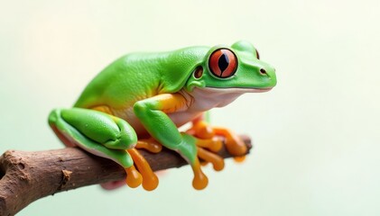 Obraz premium Green tree frog perched on white, vibrant colors , amphibian, perched, texture