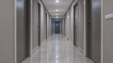 A long, well-lit corridor features sleek gray doors on either side, leading to various rooms in a contemporary hotel or office building. The polished floor reflects the bright lights above