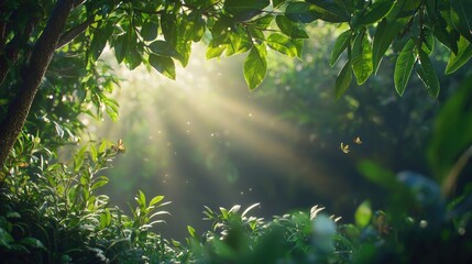 Sunlight Filtering Through Leaves in Lush Green Forest Scene