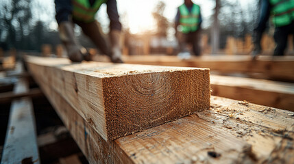 Close-up of workers constructing a wooden structure, focusing on a precisely cut timber beam
