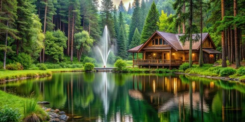 Fototapeta premium Lodge in the heart of a lush forest surrounded by towering trees and vibrant greenery, with a tranquil pond reflecting the serene atmosphere , rustic living, water feature